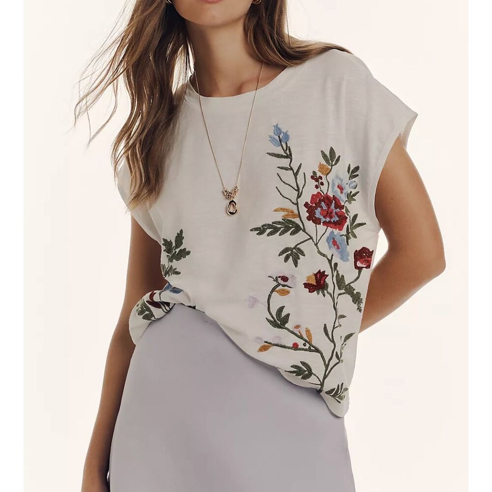 Anthropologie Embroidered Tshirt growing florals muscle tee womens White large